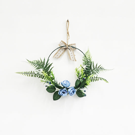 Dusty Blue Rose Hoop Wreath with Ferns & Burlap Lace Bow