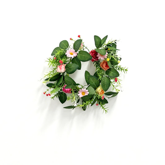Artificial Spring Wildflower Wreath with Roses & Pink Daisies