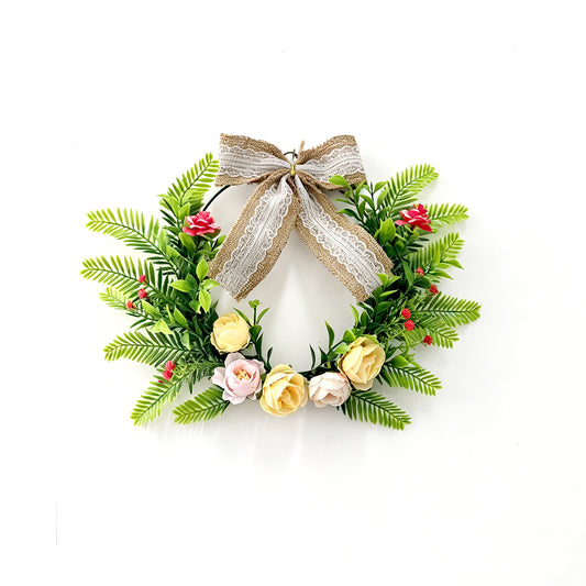 Rustic Hoop Wreath with Pastel Roses, Ferns & Burlap Lace Bow