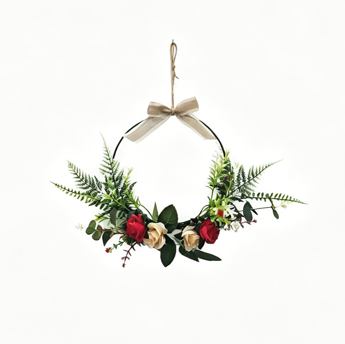 Modern Metal Hoop Wreath with Red & Cream Roses, Ferns & Linen Bow