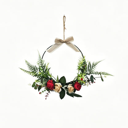 Modern Metal Hoop Wreath with Red & Cream Roses, Ferns & Linen Bow