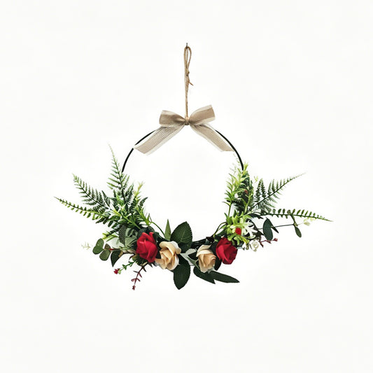 Modern Metal Hoop Wreath with Red & Cream Roses, Ferns & Linen Bow