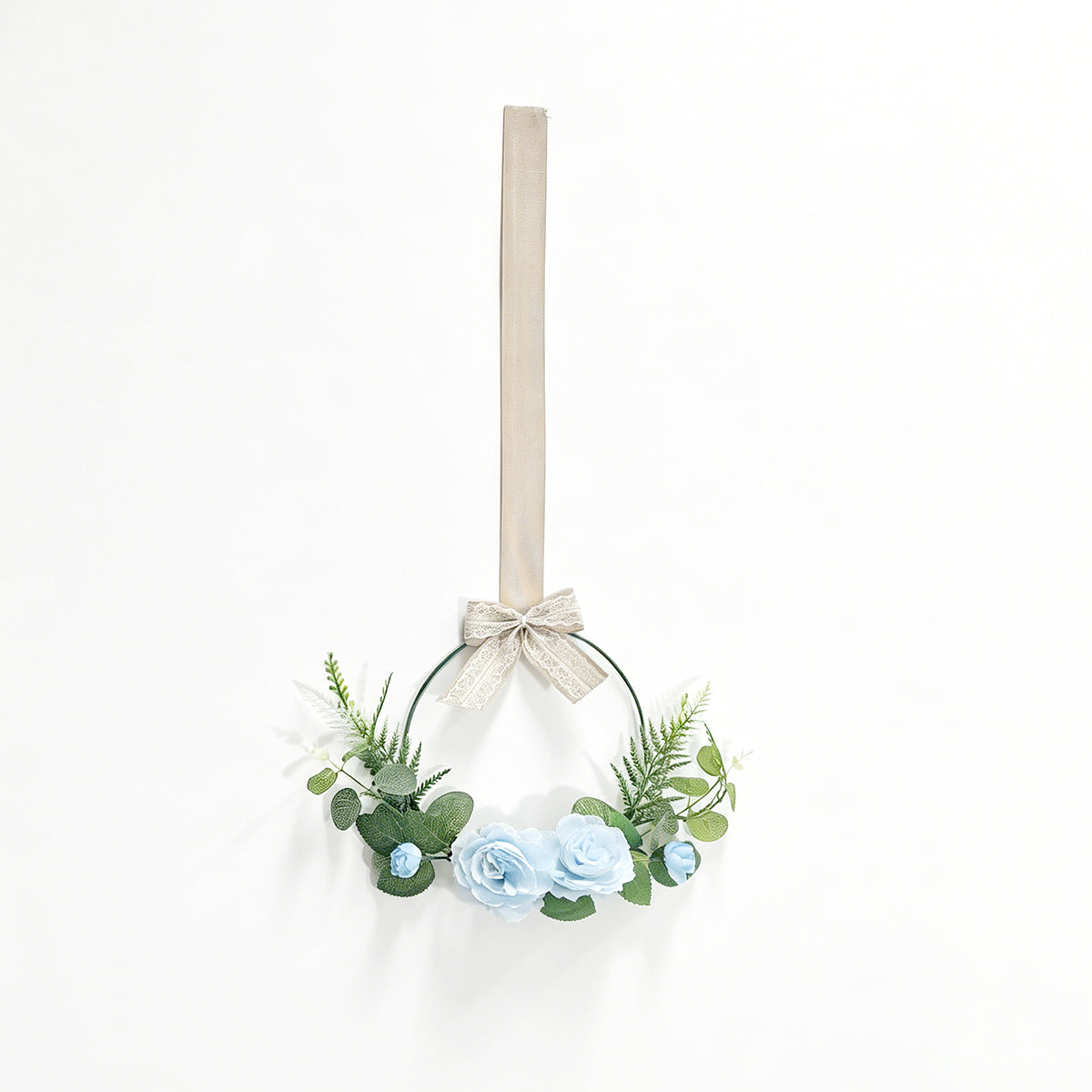 Light Blue Rose Metal Hoop Wreath with Hanging Ribbon & Lace Bow