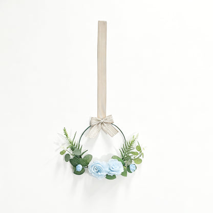 Light Blue Rose Metal Hoop Wreath with Hanging Ribbon & Lace Bow