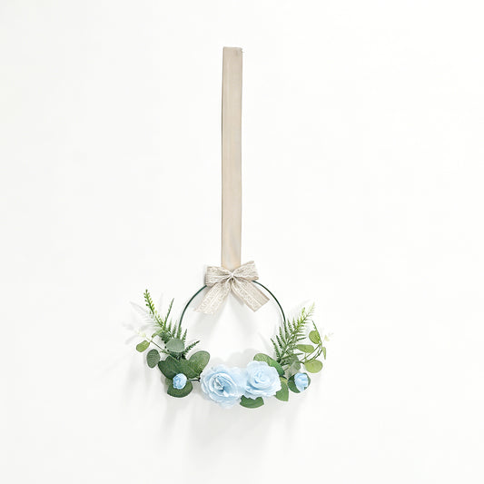 Light Blue Rose Metal Hoop Wreath with Hanging Ribbon & Lace Bow