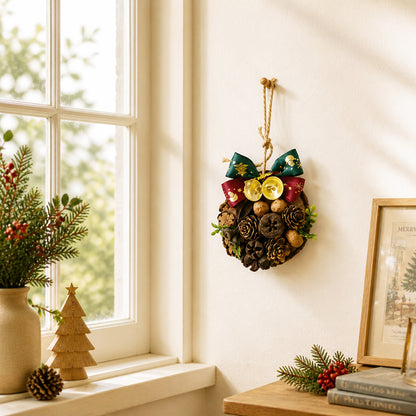 Rustic Wood Slice Christmas Ornament with Pinecones & Jingle Bells