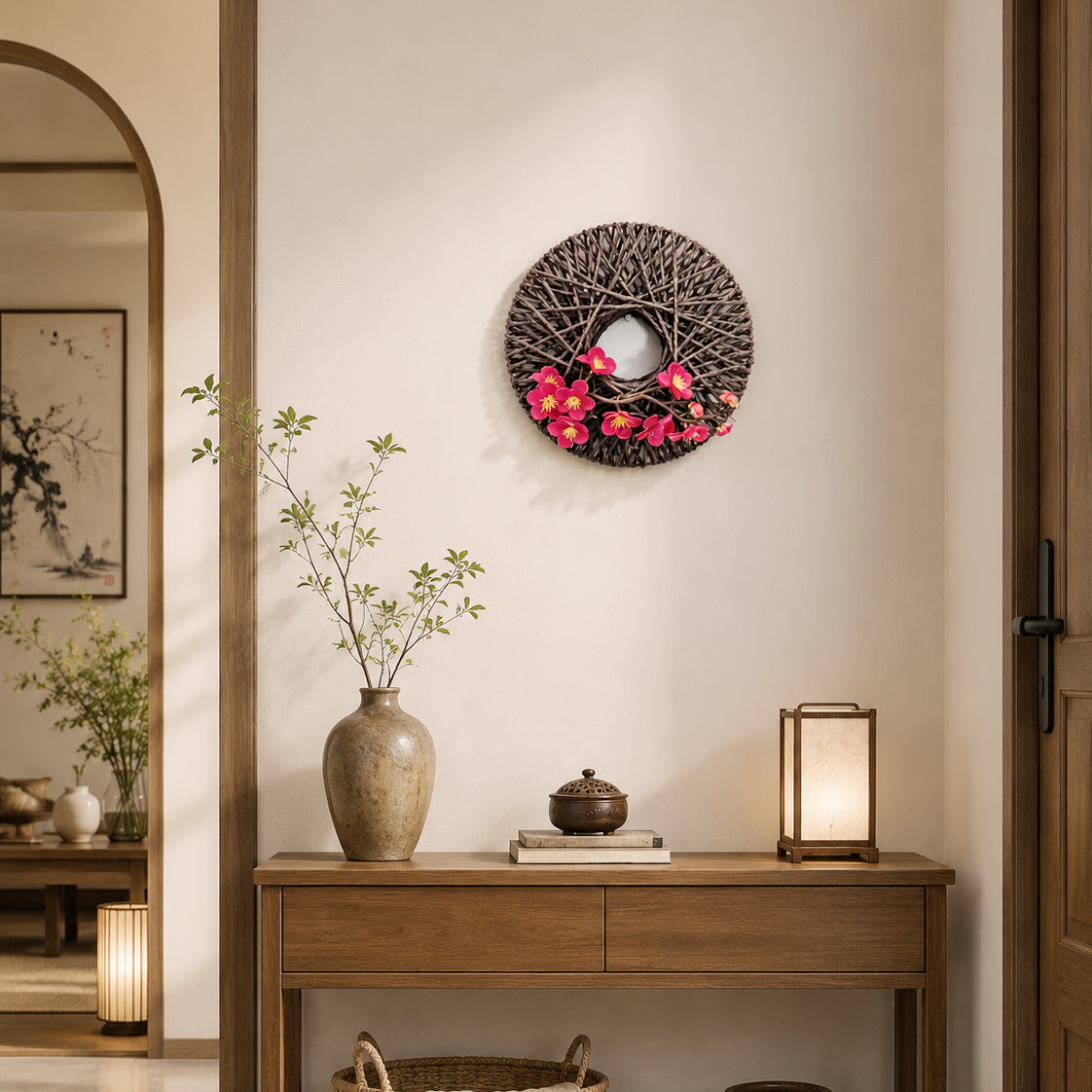 Japanese Zen Woven Rope Wreath with Pink Plum Blossoms for Wall Decor