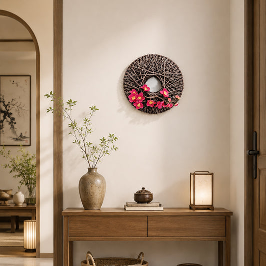 Japanese Zen Woven Rope Wreath with Pink Plum Blossoms for Wall Decor