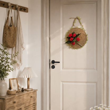 Rustic Woven Jute Rope Wall Disc with Red Silk Roses & Leaf Vine