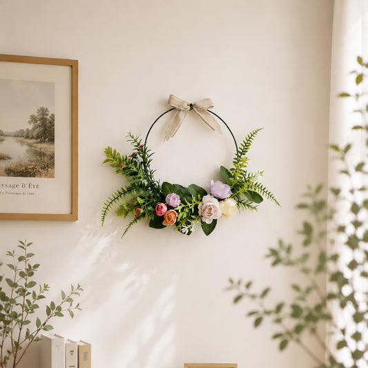 Modern Metal Hoop Wreath with Pastel Wildflowers & Linen Bow