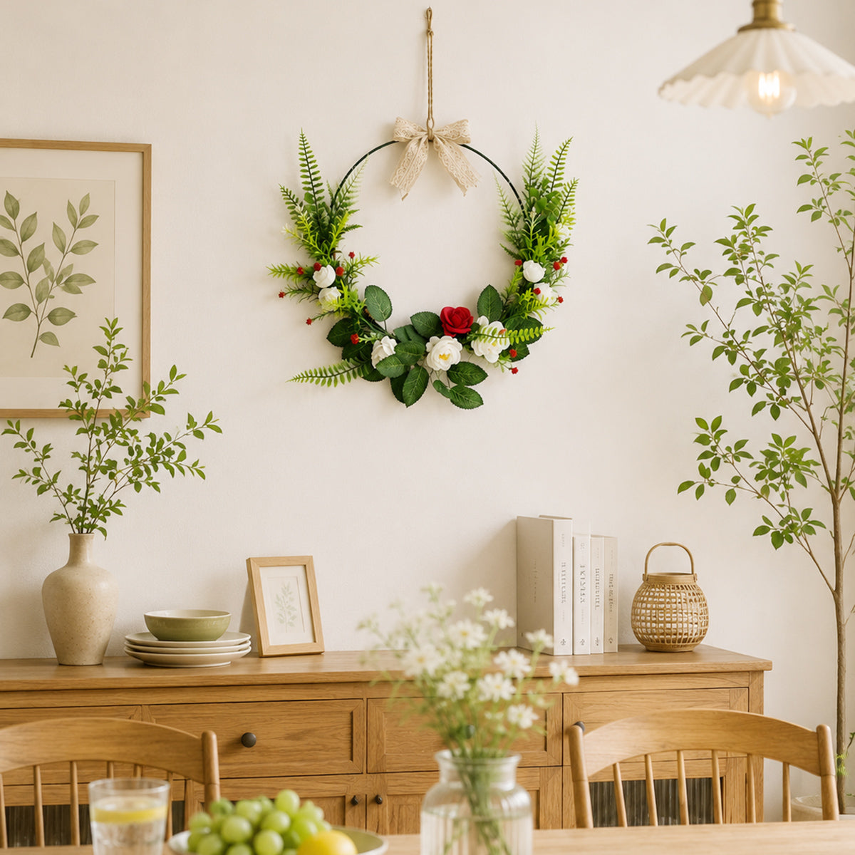 Modern Metal Hoop Wreath with White & Red Roses, Ferns & Lace Bow