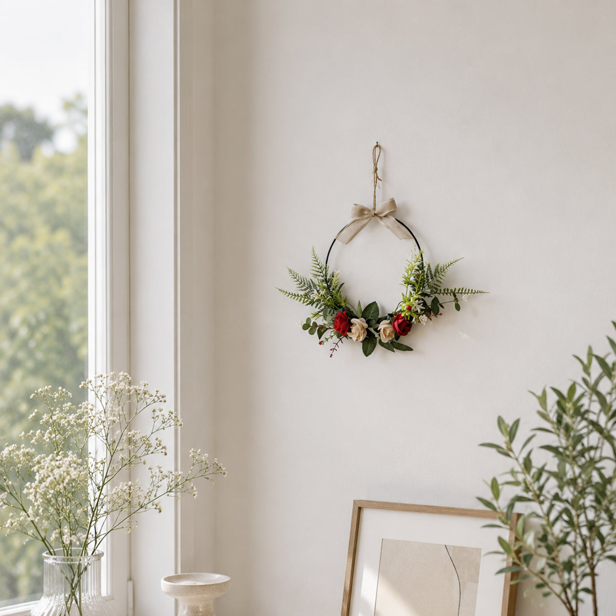 Modern Metal Hoop Wreath with Red & Cream Roses, Ferns & Linen Bow
