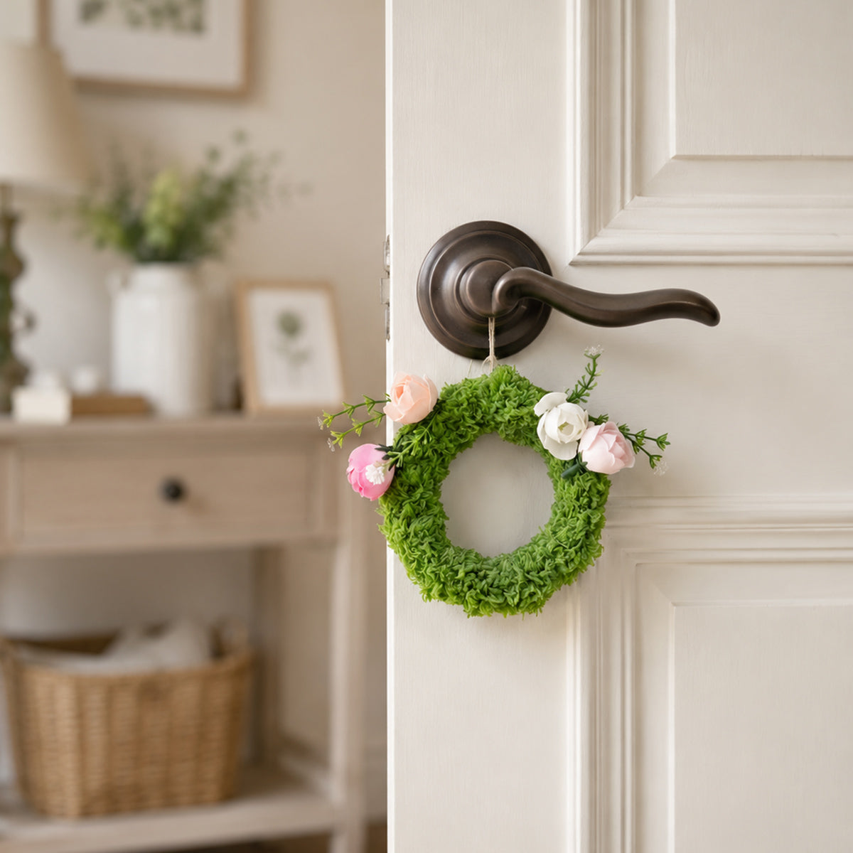 Mini Faux Green Moss Wreath with Pink & White Silk Camellias