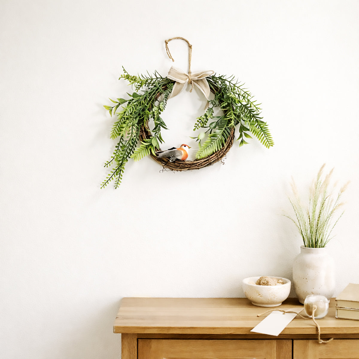 Rustic Grapevine Wreath with Artificial Bird, Greenery & Linen Bow