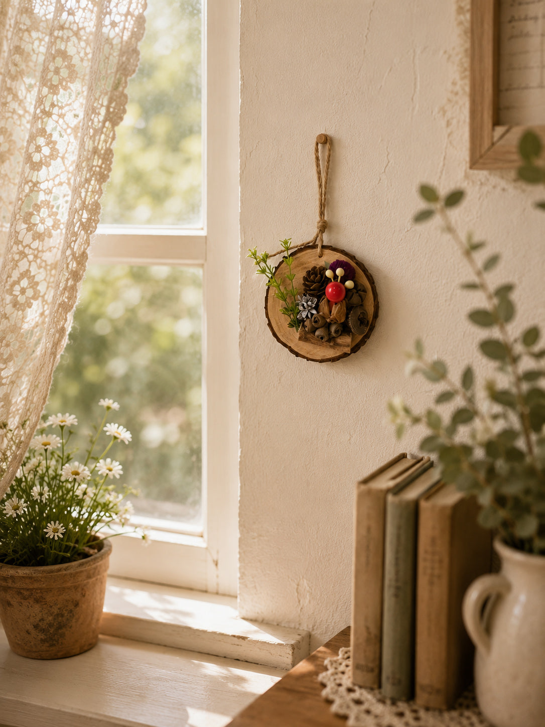 Rustic Natural Wood Slice Hanging Decor with Pinecones, Berries & Dried Flowers