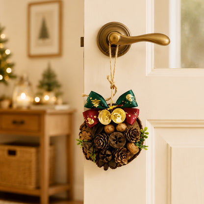 Rustic Wood Slice Christmas Ornament with Pinecones & Jingle Bells