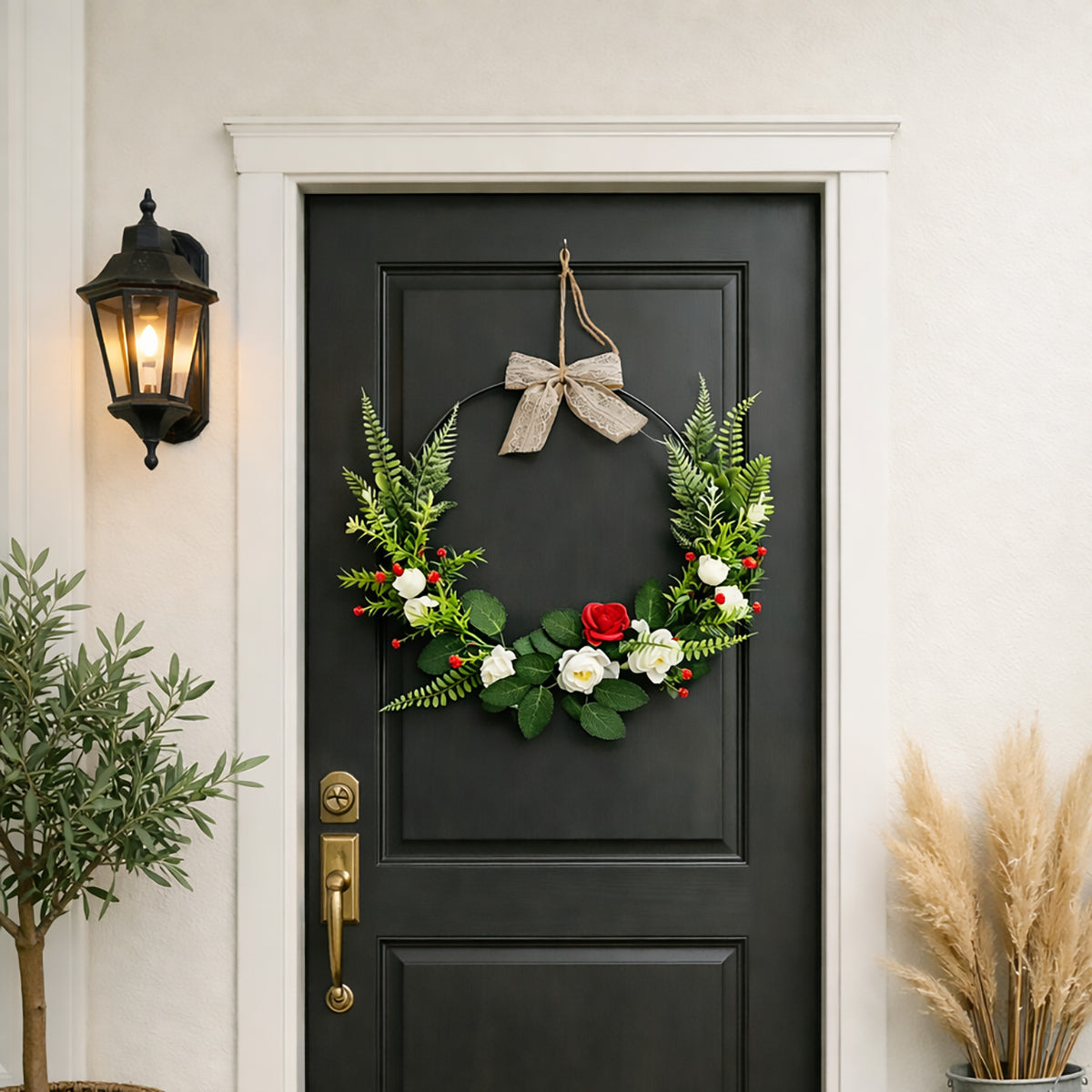 Modern Metal Hoop Wreath with White & Red Roses, Ferns & Lace Bow