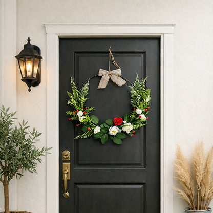 Modern Metal Hoop Wreath with White & Red Roses, Ferns & Lace Bow
