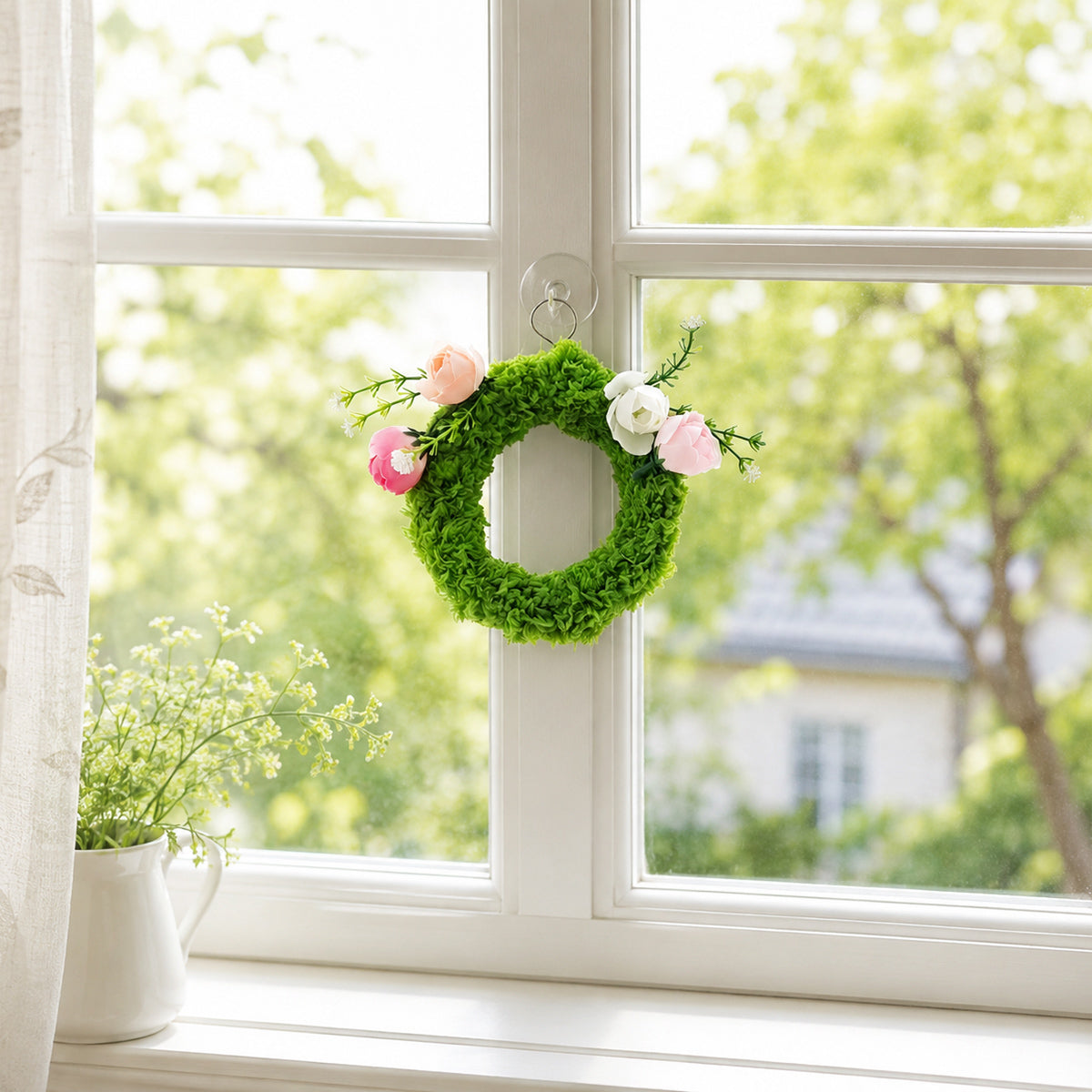 Mini Faux Green Moss Wreath with Pink & White Silk Camellias