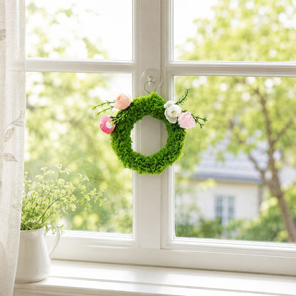 Mini Faux Green Moss Wreath with Pink & White Silk Camellias