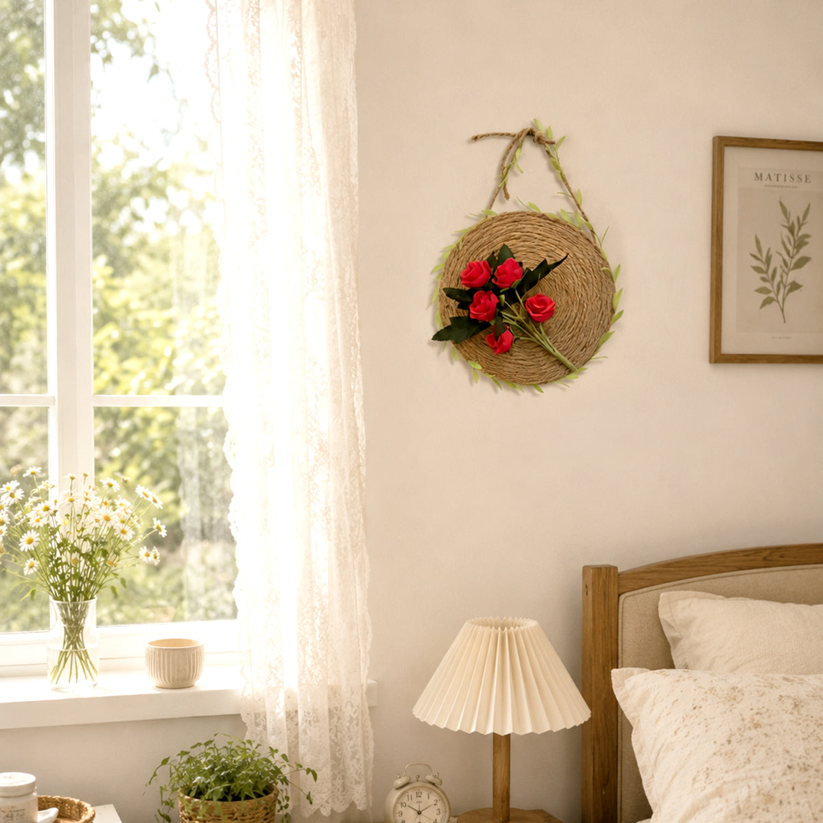Rustic Woven Jute Rope Wall Disc with Red Silk Roses & Leaf Vine