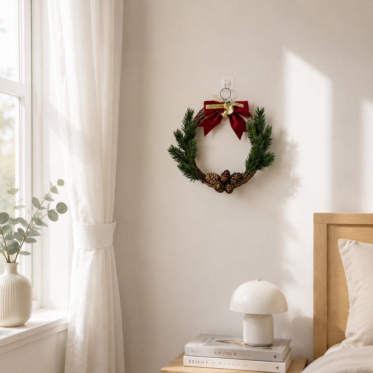 Rustic Rattan Christmas Wreath with Red Velvet Bow & Pinecones