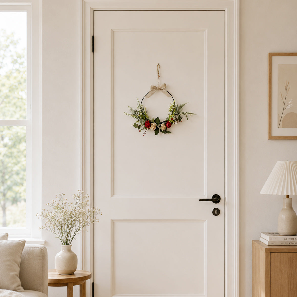 Modern Metal Hoop Wreath with Red & Cream Roses, Ferns & Linen Bow