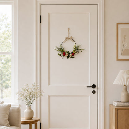Modern Metal Hoop Wreath with Red & Cream Roses, Ferns & Linen Bow