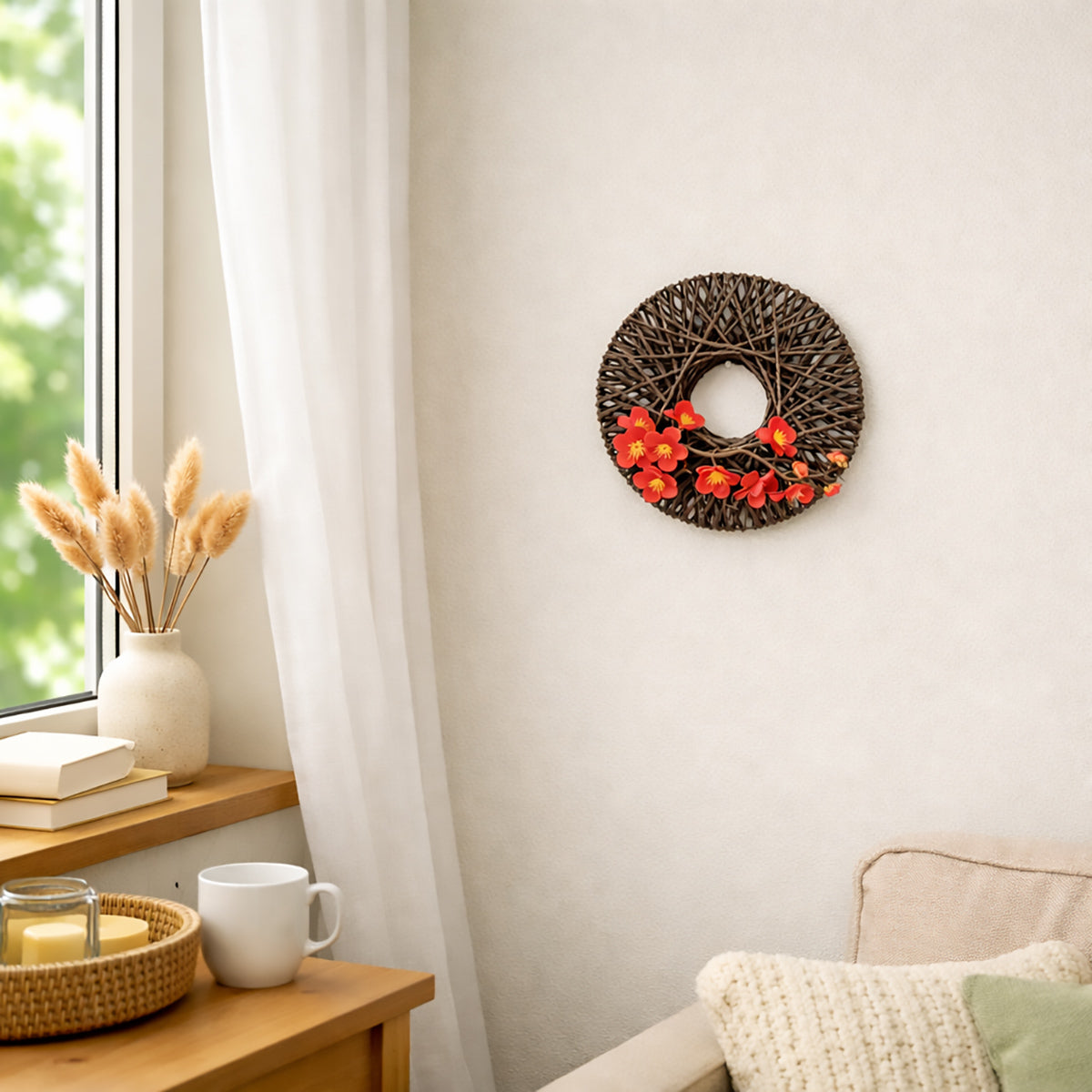 Japanese Zen Woven Rope Wreath with Pink Plum Blossoms for Wall Decor