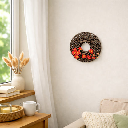 Japanese Zen Woven Rope Wreath with Pink Plum Blossoms for Wall Decor