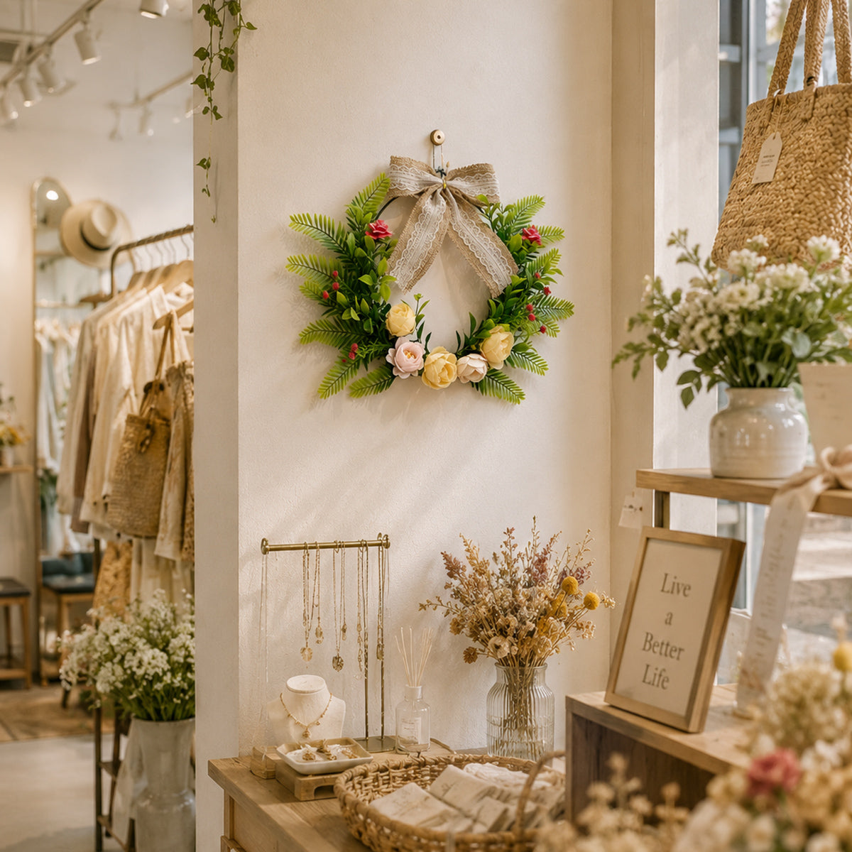 Rustic Hoop Wreath with Pastel Roses, Ferns & Burlap Lace Bow