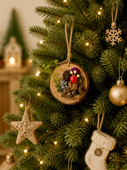 Rustic Natural Wood Slice Hanging Decor with Pinecones, Berries & Dried Flowers