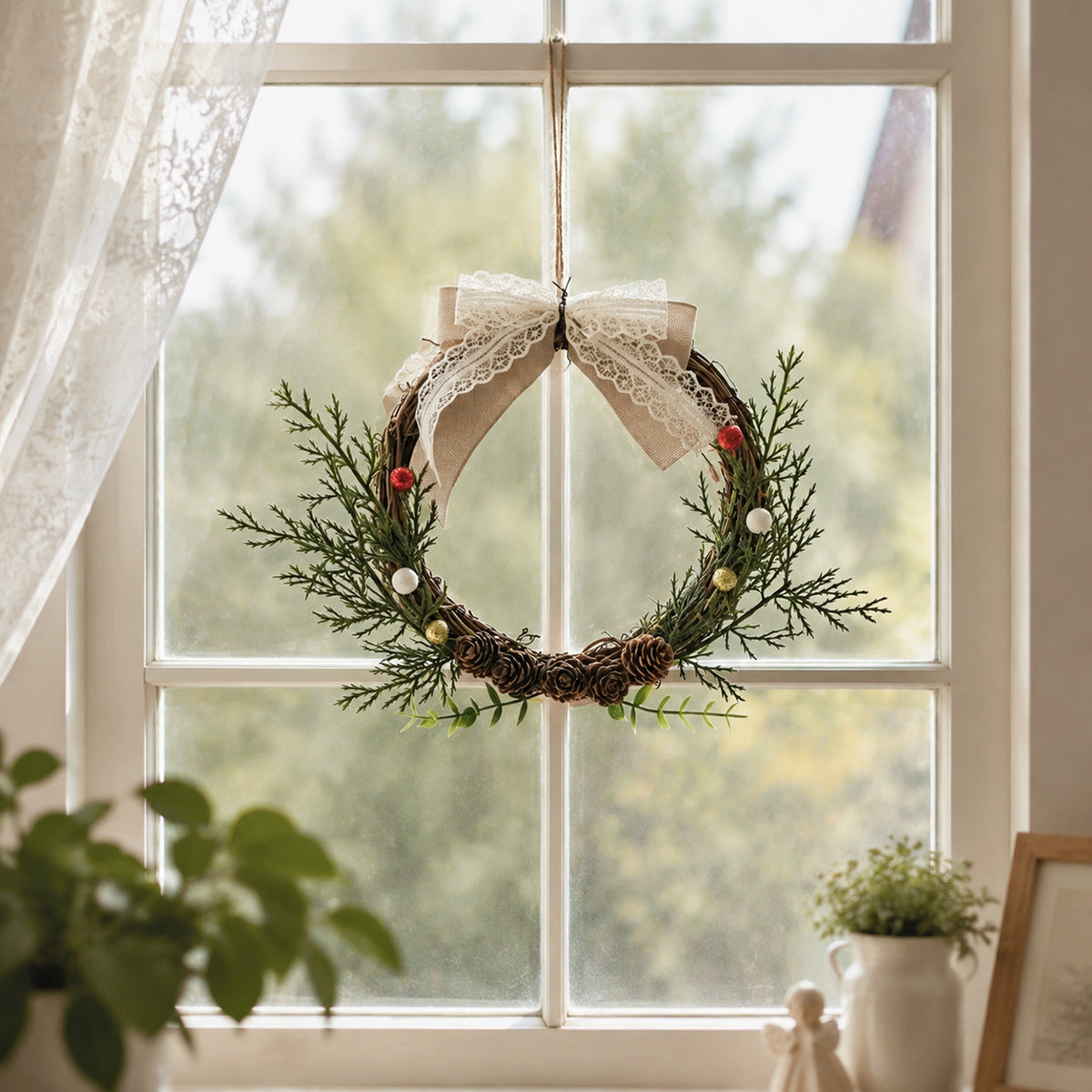 Rustic Cedar Grapevine Wreath with Lace Bow & Mini Berries