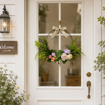 Modern Metal Hoop Wreath with Pastel Wildflowers & Linen Bow
