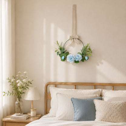 Light Blue Rose Metal Hoop Wreath with Hanging Ribbon & Lace Bow