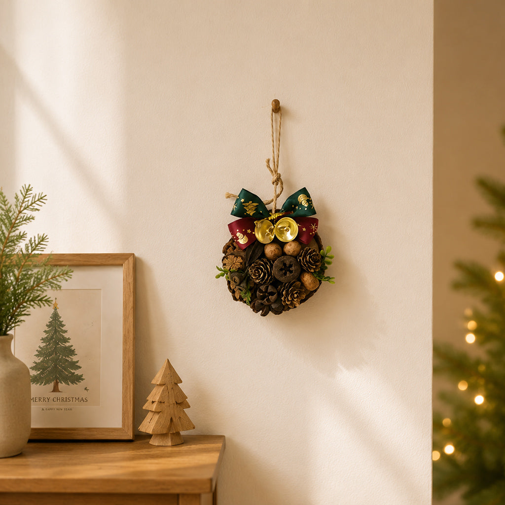 Rustic Wood Slice Christmas Ornament with Pinecones & Jingle Bells
