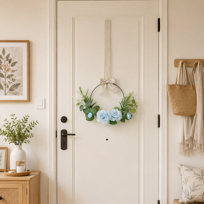 Light Blue Rose Metal Hoop Wreath with Hanging Ribbon & Lace Bow
