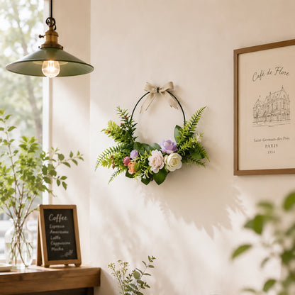 Modern Metal Hoop Wreath with Pastel Wildflowers & Linen Bow