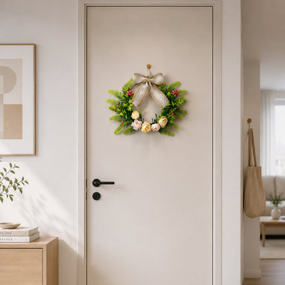 Rustic Hoop Wreath with Pastel Roses, Ferns & Burlap Lace Bow