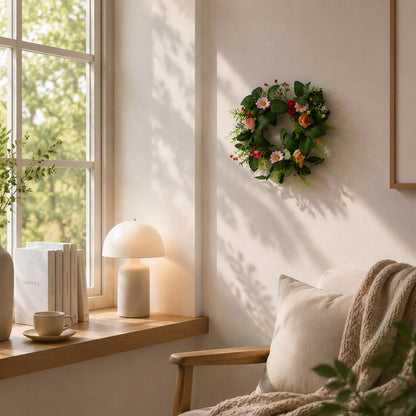 Artificial Spring Wildflower Wreath with Roses & Pink Daisies