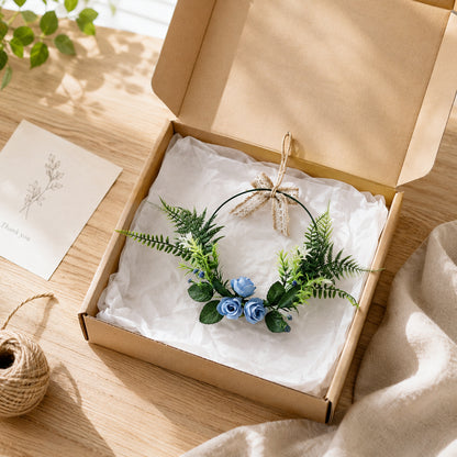 Dusty Blue Rose Hoop Wreath with Ferns & Burlap Lace Bow