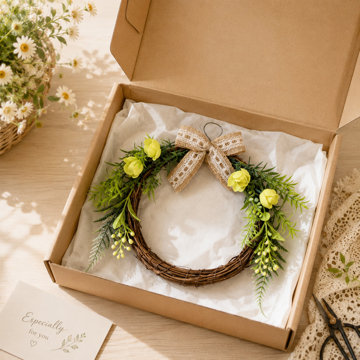 Rustic Grapevine Wreath with Yellow Roses, Ferns & Burlap Lace Bow