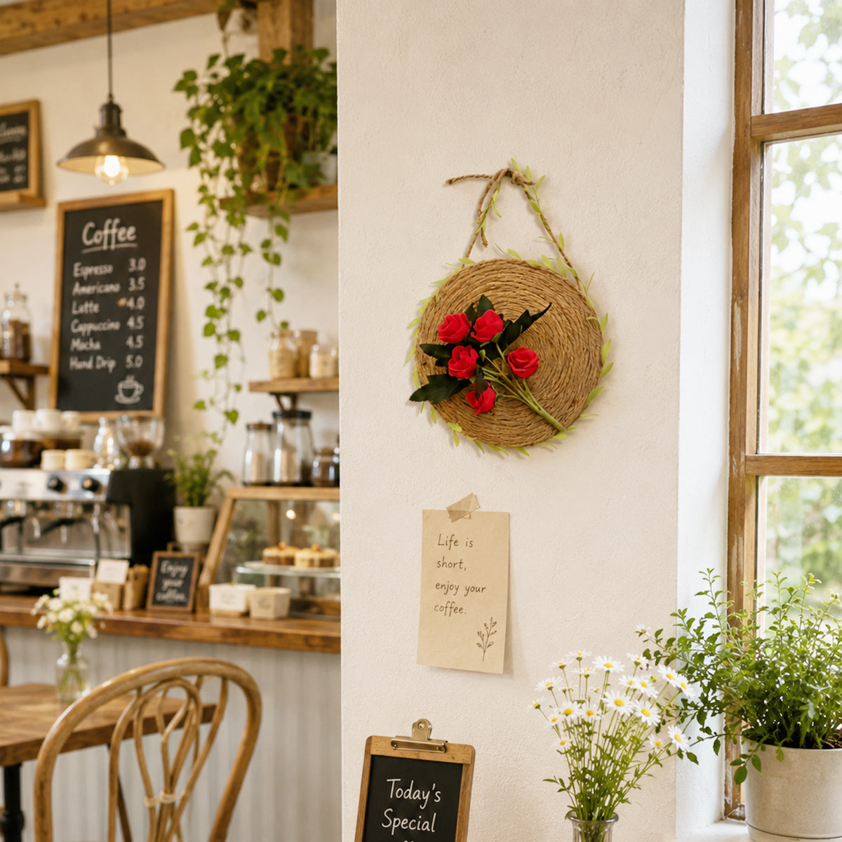 Rustic Woven Jute Rope Wall Disc with Red Silk Roses & Leaf Vine