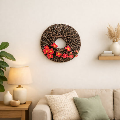 Japanese Zen Woven Rope Wreath with Pink Plum Blossoms for Wall Decor