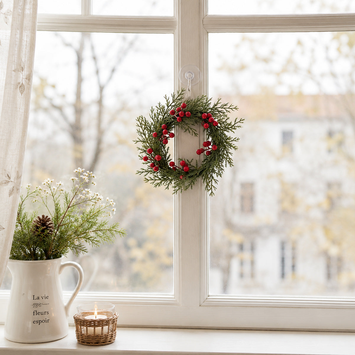 Artificial Christmas Cedar Wreath with Vibrant Red Berries