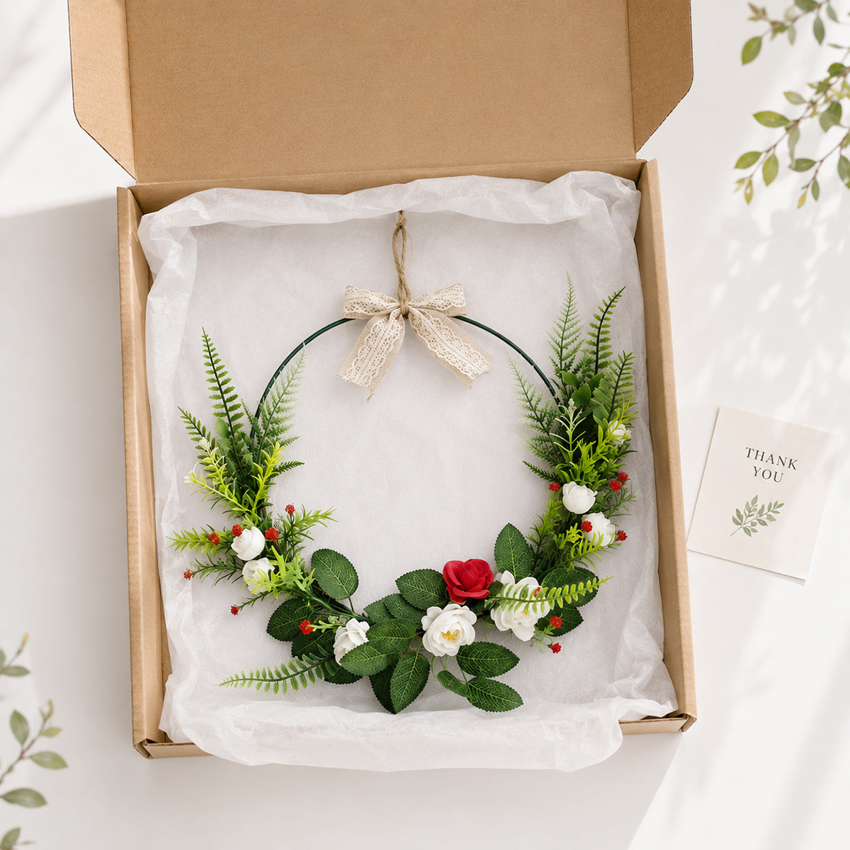 Modern Metal Hoop Wreath with White & Red Roses, Ferns & Lace Bow