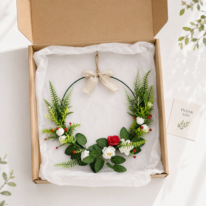 Modern Metal Hoop Wreath with White & Red Roses, Ferns & Lace Bow