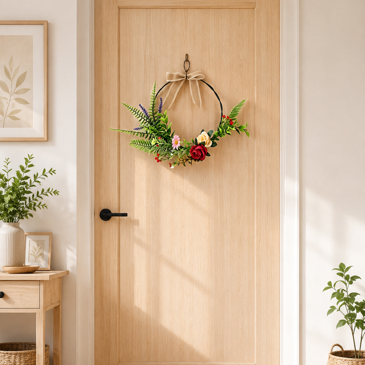 Modern Metal Hoop Floral Wreath with Roses, Lavender & Linen Bow