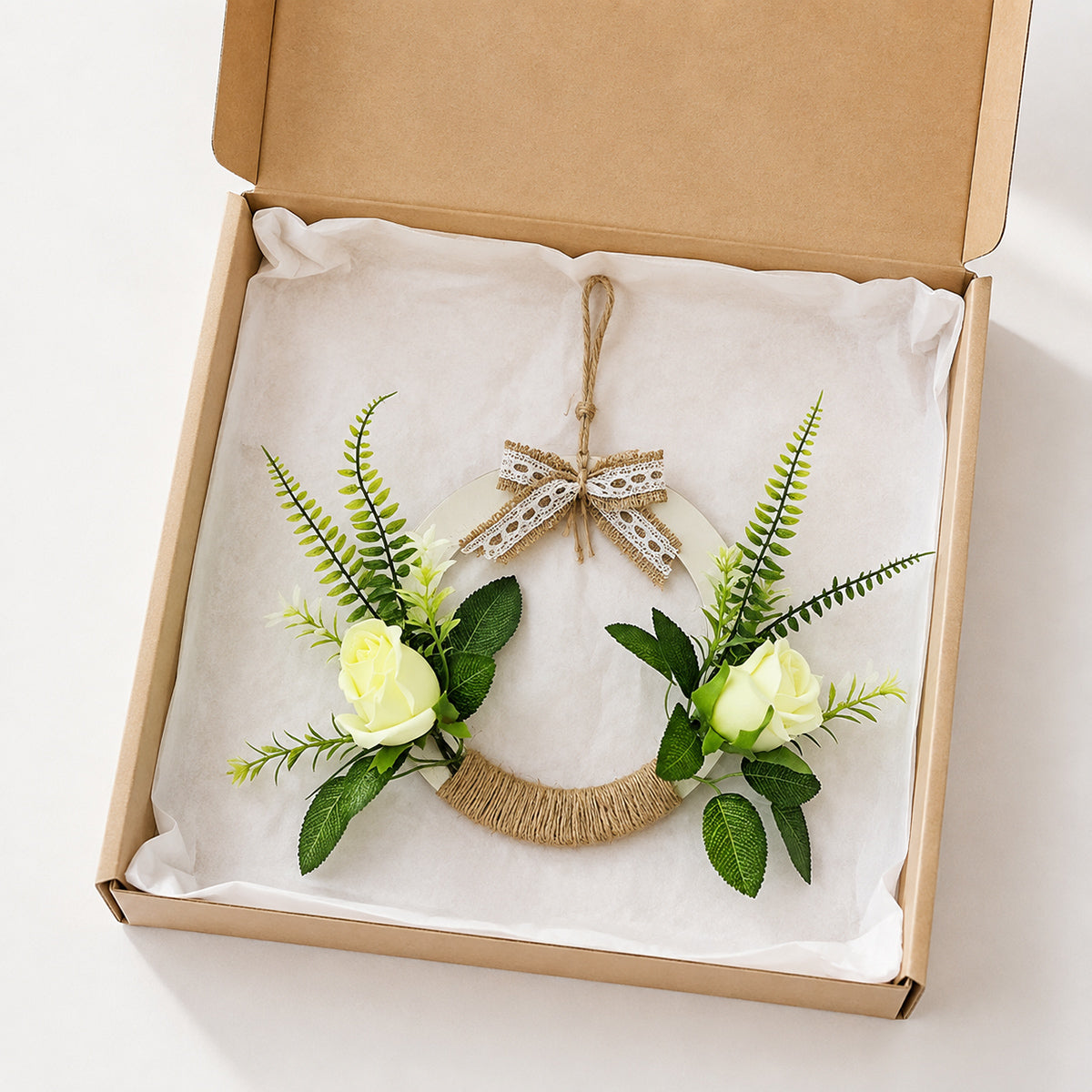 Rustic Wooden Hoop Wreath with Cream White Roses, Ferns & Lace Bow