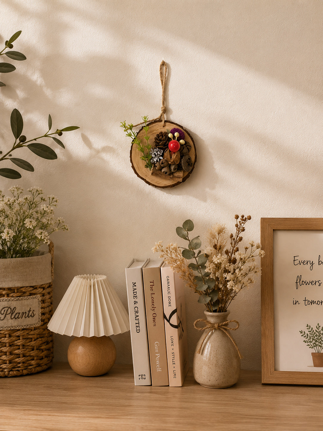 Rustic Natural Wood Slice Hanging Decor with Pinecones, Berries & Dried Flowers